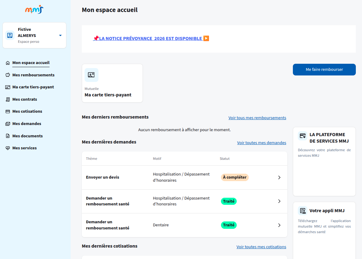 Page d'accueil de l'espace adhérent