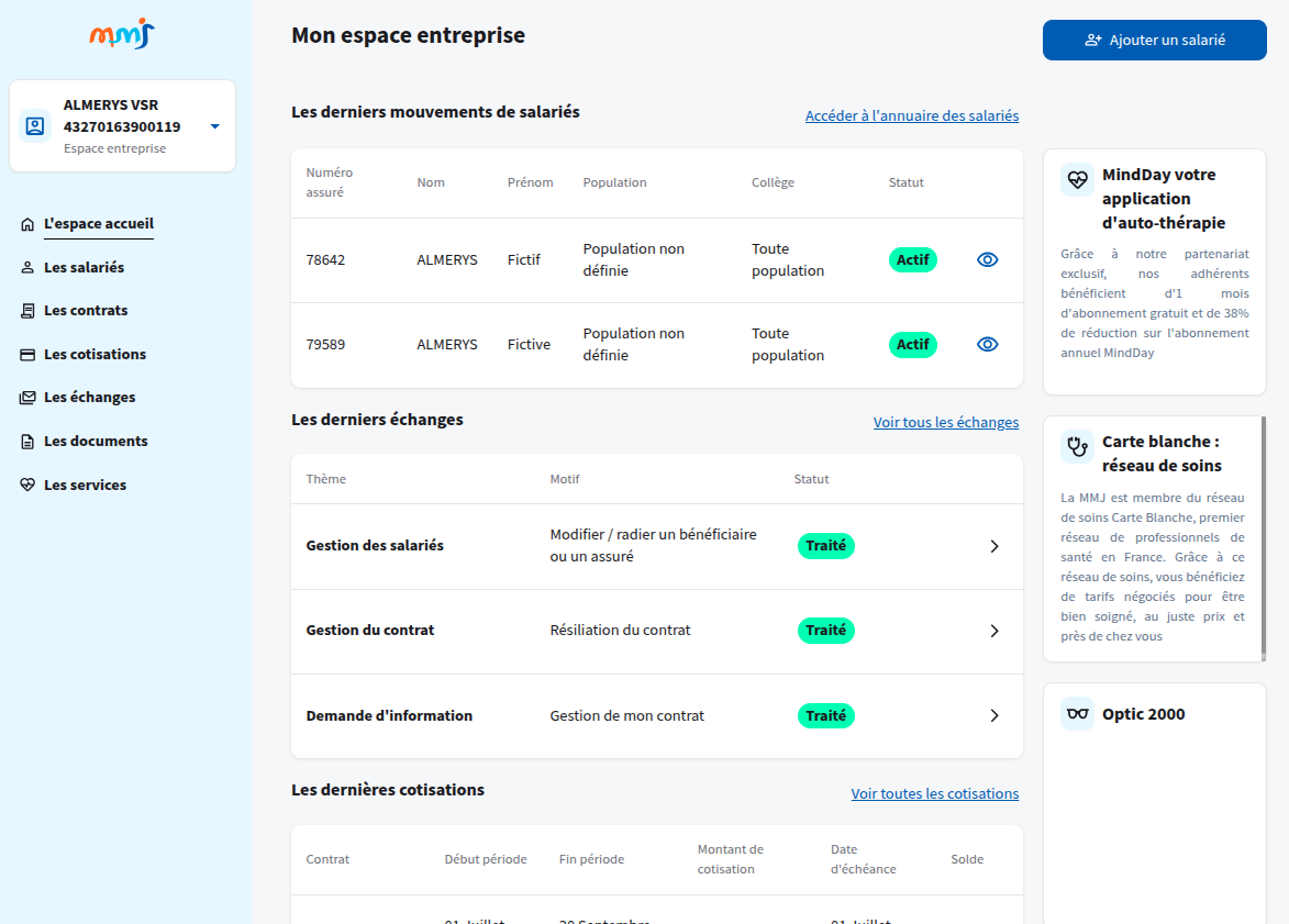 Page d'accueil de l'espace entreprise