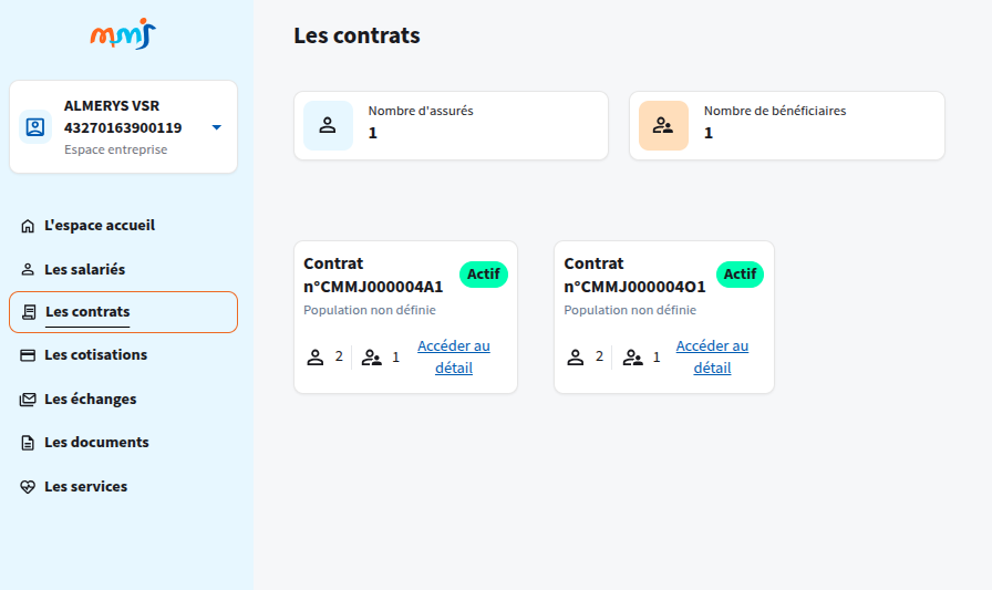 Liste des contrats dans l'espace entreprise
