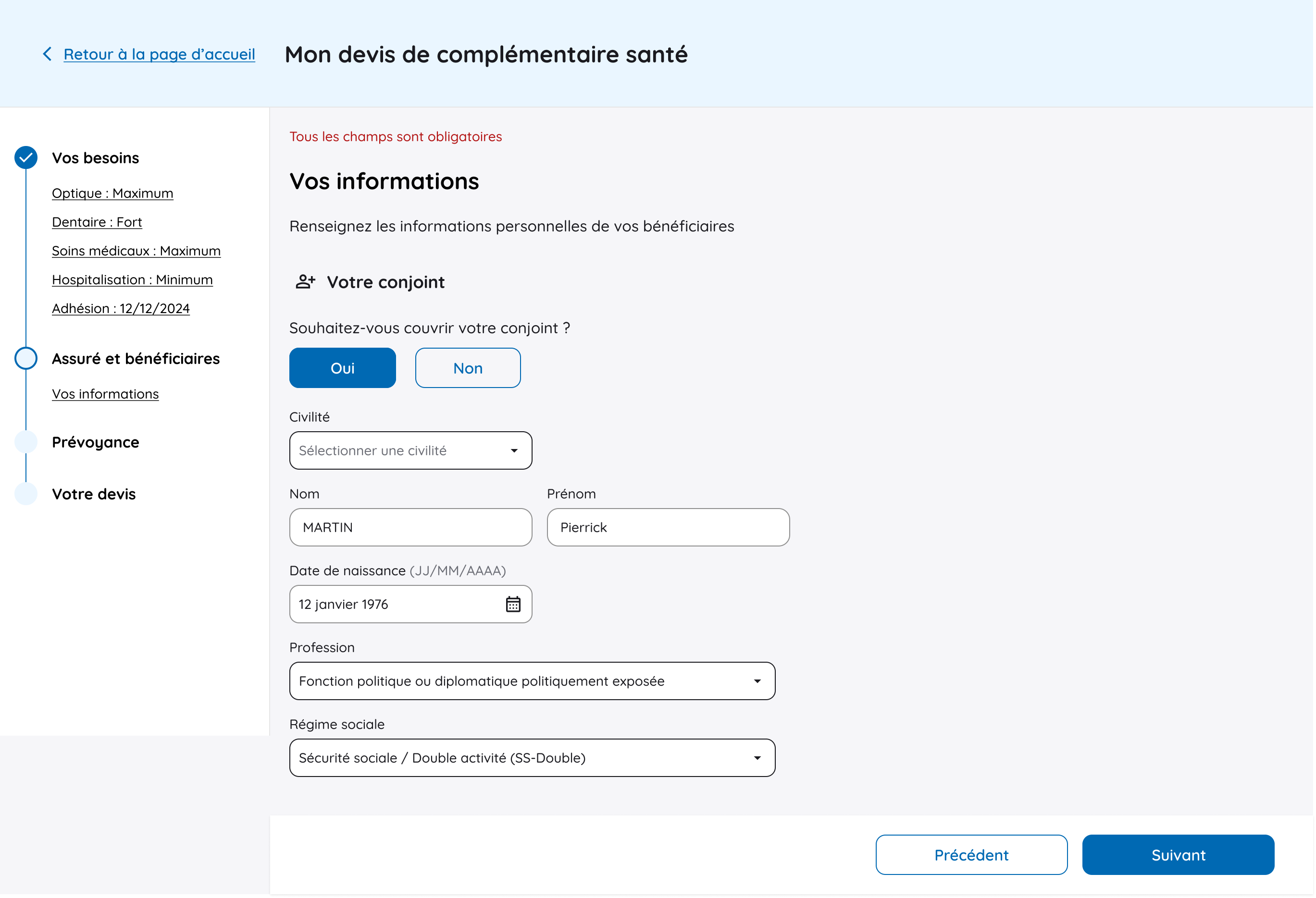 Formulaire du conjoint dans le tunnel de vente